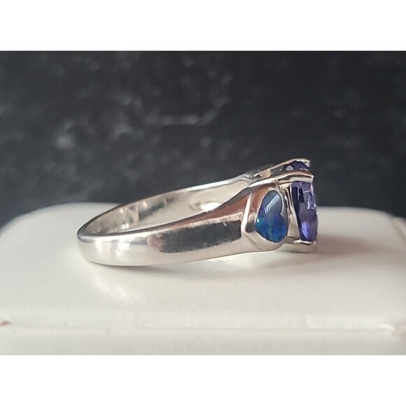 925 Sterling Silver Purple Glass & Faux Opal Heart Ring, Size US 7 Vintage - Picture 4 of 10